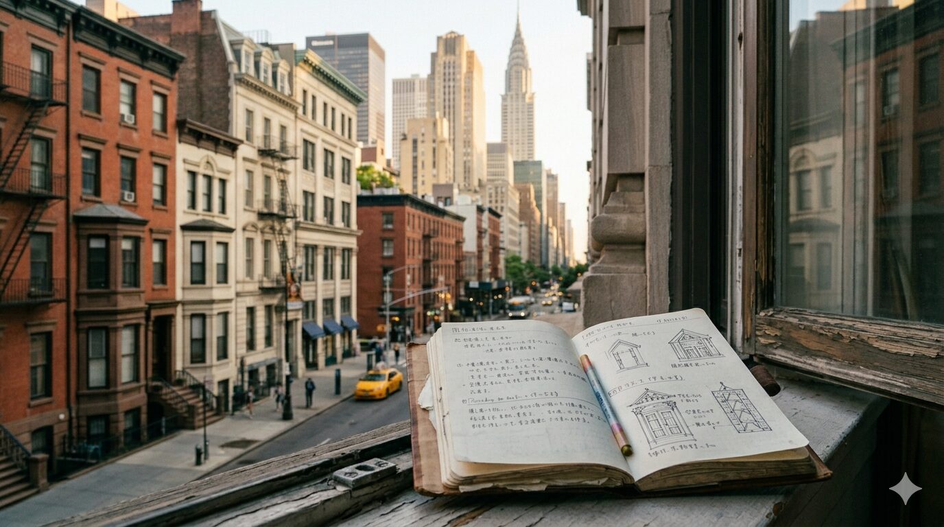 NYの街並みを望む窓辺と、建築スケッチが描かれたフィールドノート｜「物語の背景を歩く ｜ 聖地と意匠」ブログアイキャッチ