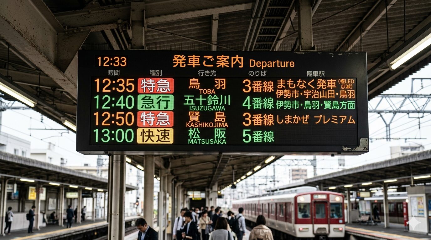 伊勢志摩方面行きの発車案内に表示された鳥羽行き列車とホームの様子