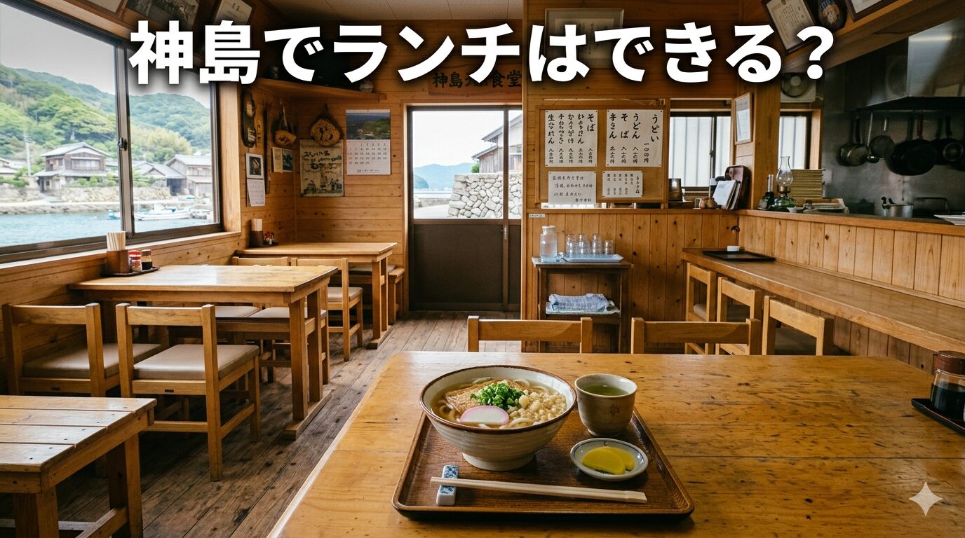 神島の食堂で提供されるうどんと店内の様子（ランチ事情の実例）