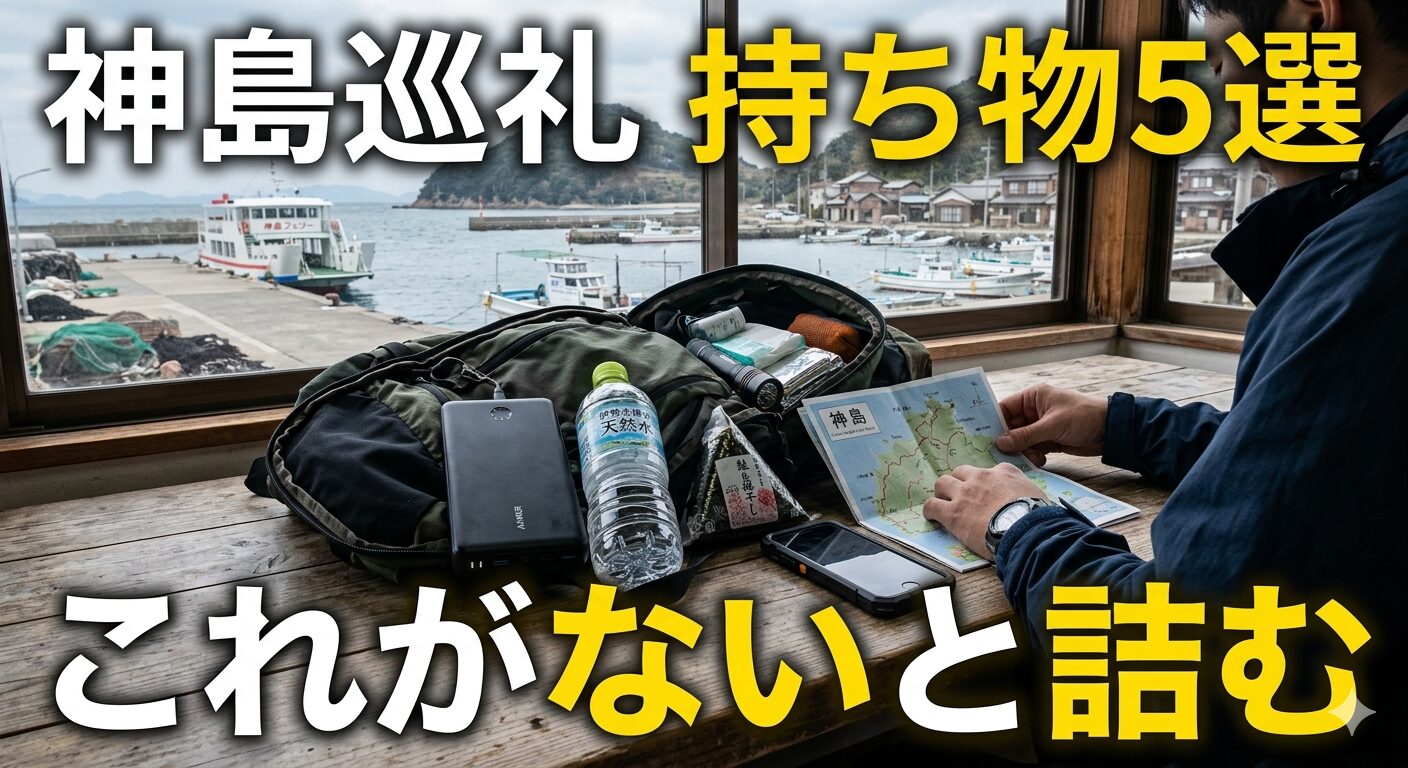 神島の聖地巡礼に必要な持ち物（モバイルバッテリー・飲み物・おにぎり・地図・スマホ）を準備した様子