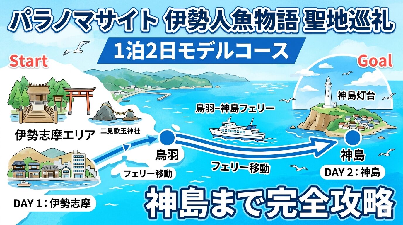 パラノマサイト伊勢人魚物語の聖地巡礼ルートを示した1泊2日モデルコースのイメージ図。伊勢志摩エリアから鳥羽を経由し、フェリーで神島へ向かう流れを示している
